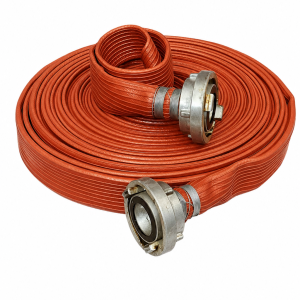 Manguera plana tipo bombero color rojo con uniones incorporadas de 25 mts